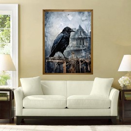 TUTUMAY21 5D Diamond Art Painting Kits for Adults Raven Crow Superimposed Over House Dark Round Full Drill DIY Gems Cross Stitch Art Kit Canvas Painting by Diamond Mosaic Craft 12x16inch