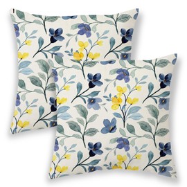 BETGINY Spring Pillow Covers 20x20 Inch 2 Pcs, Blue and Yellow Flower Decorative Throw Pillows,Vintage Plant Floral Summer Seasonal Outdoor Decor Pillowcase Linen Cushion Cover for Couch Sofa