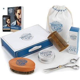 MonsterSon - Kit de barba de 7 piezas, aceite para barba, blsamo para barba, peine para barba, tijeras, bolsa de viaje de lona, kit de aseo masculino 