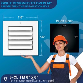 Aluminum 1-Way Vent Cover: Adjustable Curved Blade Air Supply HVAC Diffuser - 6x6-Plastic Seal for Tight Fit, Quiet Air Flow, Multi-Shutter Damper-[Front Grille Size:7.6x7.6"][Duct Hole Size:6"x6"]