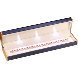 Three LED Lights Bracelet Box Luxury PU Leather Dome Top Designed with Gold Color Painted on the Sides Bracelet Necklace Anklet Jewelry Gift Storage Holder Box for Women for Men (Blue)