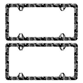 2pcs Sunflower License Plate Frame Funny Black White Floral License Plate Frames Auto Accessory Bracket Stainless Steel License Plate Holder with Screws for Women Men 6x12 Inch 4 Holes