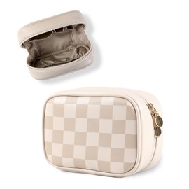 HFLZBRO Small Makeup Bag for Travel，Cosmetic Bag for Women Girl，Checkered Make up Bag organizer for Purse，Makeup Bags with Multiple Compartments，Cute & Waterproof Leather Toiletry Bag (BROWN, SMALL)