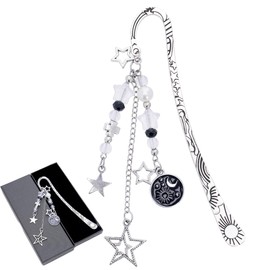 Berirexrion Charm Acotar Moon Bookmark - Fantasy Sun Star Aesthetic Vintage Book Mark Silver Chain Pendant Tassel Metal Bookmarks Reading for Women Men Reader Bookish Novel Lovers Fans Valentines Gift