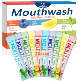 Phyyixs Portable Mouthwash Strips – 30 Packs, Assorted Flavors (Mint, Lemon, Strawberry, Green Tea, Blueberry), Alcohol-Free, Travel-Friendly for Fresh Breath Anytime