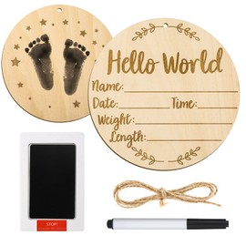 LUTER Baby Announcement Sign, 5.9 Inch Round Baby Nursery Name Signs with Ink Pad for Baby Hand and Footprints Wooden Hello World Newborn Sign for Photo Prop