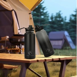 Aqua Essences Vacuum Insulated Stainless Steel Water Bottle 32 oz With Wide Mouth And Bounce Lid BPA Free 24 Hours Cold And 12 Hours Hot (Ombre: Grey/Black)