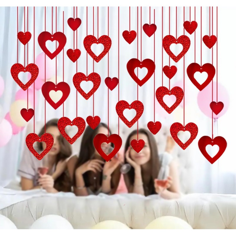 40 Pcs Valentine's Day Decorations Glitter Red Heart Hanging Swirls