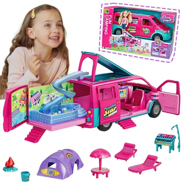 Doll House Camper Vehicle Playset for girls,Portable Pretend DollHouse Play,Camper