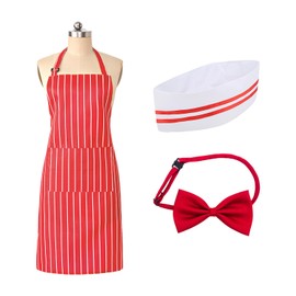 CYNOSURETECH 1 Halterneck Striped Apron, 1 Bow Tie, 1 Chef Hat, Chef Overalls Set, Adjustable Apron, Cooking And Baking Accessories