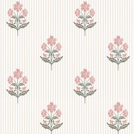 Safiyya Pink Floral Peel and Stick Wallpaper Striped Contact Paper Modern Farmhouse Wall Paper Waterproof Self Adhesive Removable Wallpaper for Bathroom Bedroom Cabinet Decor 17.3"×78.7”