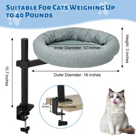 awliye Cat Desk Bed for Home Office, 360° Rotating & Height Adjustable Desk Cat Bed with Removable Cushion, Durable Kitten Hammock Desk Mount Supports 40 lbs, Space Saving Grey Pet Bed for Indoor