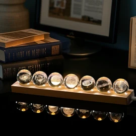 7 Galactic Crystal Ball Décor with LED Wooden Light Stand - 3D Earth Moon Saturn Galactic System 40mm Crystal Sphere Ideal for Decorative Gift