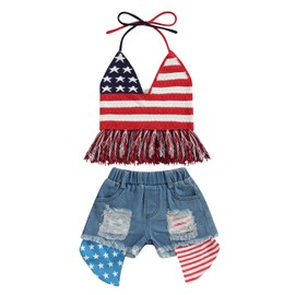 Adobabirl Toddler Baby Girls 4th of July Outfit US Flag Knitted Fringe Vest Top and Ripped Jeans Shorts Fashion Clothes (Stars and Stripes Denim Outfit,4-5T)