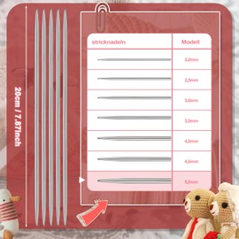 Aeeque Pack of 5 2.0 mm Needles Stainless Steel Knitting Needles Set Sock Needles for Hats Socks Scarves Pet Sweater Double Tips Knitting Needles