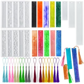 lyfLux 5 pcs Resin Bookmark Molds with Tassel, Rectangle Leaves Texture Flower Shaped Bookmark Molds for Epoxy Resin(13 Styles) with 20 Pieces Colorful Tassels for Jewelry DIY Craft