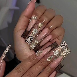 Gleamrain Long Square Press on Nails with Rhinestone French Tip Design for Women, Elegant Brown Press ons, Easy To apply with Glue, Perfect for a Hot Girl Look