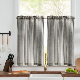 TOPICK Striped Small Curtains 24 Inch Drop Short Linen Kitchen Curtains Translucent Cafe Curtains Flax Light Filtering for Country Small Window Basement Sink Laundry Room 2 Panels Black on Beige