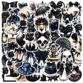 50PCS Black Gothic Stickers, Cool Skeleton Skull Goth Stickers Packs for Water Bottle Diaries Phones, Waterproof Vinyl Horror Animals Decals for Teens Adults