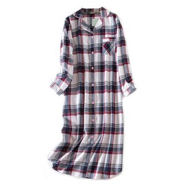 CHUNG Women Nightdress Brushed Cotton Flannel Nightshirt Long Nightwear Nighties Cozy Thick Winter Grey Red Strip,M