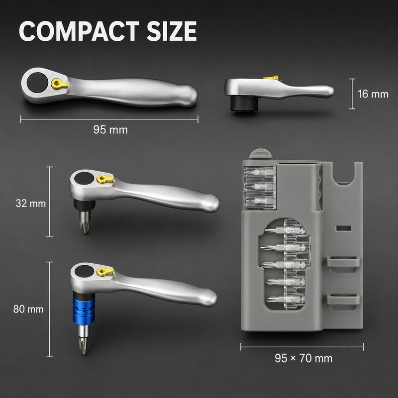 Mini Ratchet Screwdriver Bit Set with Reversible Handle, Magnetic Extension