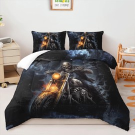AILONEN Boys Skull Queen Size Comforter Set, Motor Rider Skeleton Bone Bedding Set Howling Wolf Comforter Set,3 Pieces Galaxy Starry Skull Soft Comforter Set, 1 Quilt and 2 Pillowcases