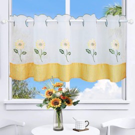 choicehot White Sheer Voile 60cm Height Short Curtains 145cm Length with Sunflower Embroidery Yellow British Plaid Cafe Kitchen Curtain Valance Window Decor for Balcony, Kitchen, 24" x 57"