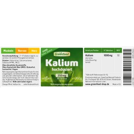 Greenfood Potassium, 250 mg, 180 tablets - nervous system, muscle function and blood pressure. No artificial additives. No genetic engineering. Vegan.