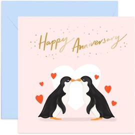 Old English Co. Happy Anniversary Cute Penguin Card - Romantic Animal Couple Greeting Card for Him and Her | Gold Foil Detail | Blank Inside & Envelope Included (Happy Anniversary)