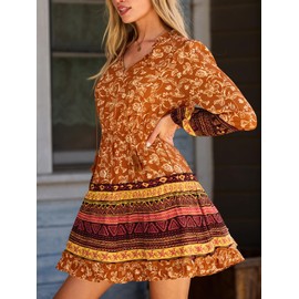 CUPSHE Women Fall Dresses Boho Floral Drawstring V Neck Ruffle Hem Sundress Long Sleeve Smocked Mini Dress Orange, L