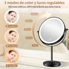 Espejo Maquillaje Ciicii con Luz LED, Aumento 10X y 3 Colores de Luz para Tocador