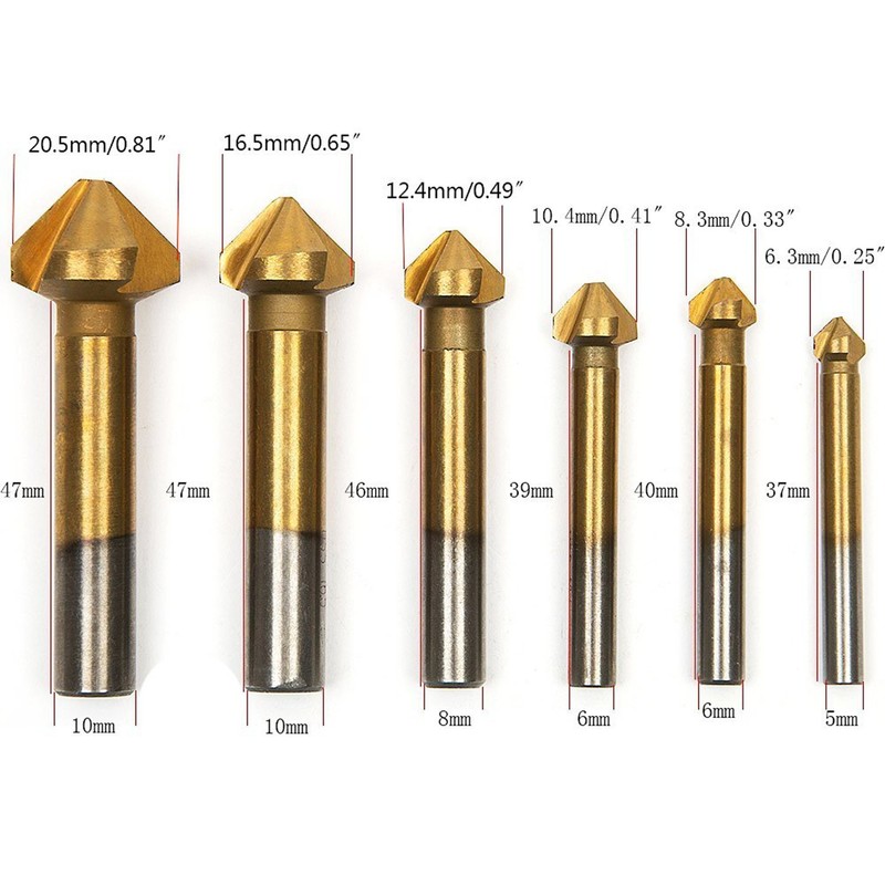 Hakkin 6pcs 90 Degree 3 Flute 6.3-20.5mm HSS Countersink Drill
