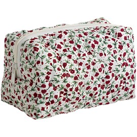 ZEPIQOR Floral Quilted Large Capacity Soft Cotton Cosmetic Bag for Makeup Brushes and Beauty Tools (Red)
