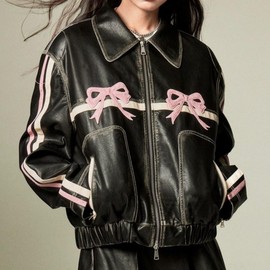 Hesaco Y2k Leather Jacket Bowknot Bowtie Graphic Motorcycle Jacket Womens Vintage Crop Oversized Grunge Clothes (Pink,L,Large)