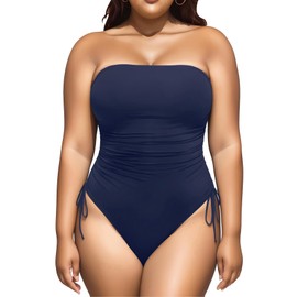 Yonique Women Strapless One Piece Swimsuit Tummy Control Bandeau Bathing Suit Cheeky Swimwear Navy Blue 20W