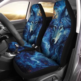 Gearider 2 Pieces Durable Car Seat Covers Front Seats Only Blue Wolf Design Auto Bucket Seat Cover Protector Universal Seat Cushion for Cars, Sedan, Van, Trucks