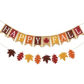 AnyDesign 2Pcs Fall Banner Glitter Maple Leaf Paper Banner Happy Fall Burlap Banner Pre-Assembled Rustic Bunting Garland Hanging Decorations for Autumn Thanksgiving Party Decoration Supplies