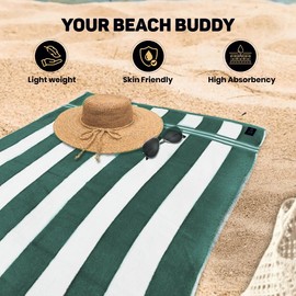 Organix Cabana Striped Beach Towel 36"x72", Large Highly Absorbent Pool Towels, 100% Cotton Beach, Bathroom and Pool Towels 4 Pack, Adult Luxury Beach Towels, Quick Dry Lightweight- Bottle Green