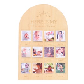 YOUAME One Year Birthday Wooden Photo Board - My First Year Milestone Photo Board，Here is my 1st year around the sun themed 12 Months Baby Birthday Picture Frame