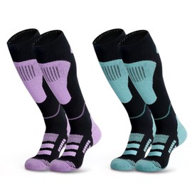 visionreast 2 Pairs Ski Socks Merino Wool Thermal Knee High Socks Breathable Compression Socks for Cold Weather, Hiking, Snowboarding Green/Purple XL