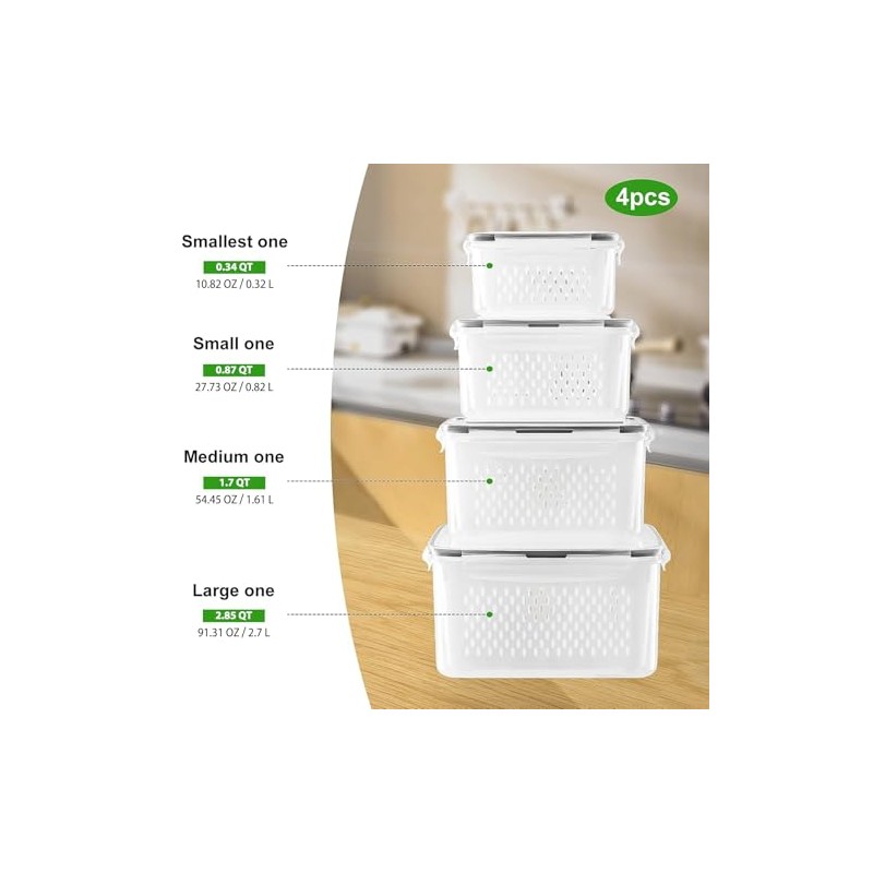 Freshmage Fruit Storage Containers with Removable Colander - 4 Pack