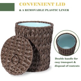 YOKOMI Plastic Wicker Trash Can with Lid - 2 Gallon Small Garbage Can with Removable Liner Bucket for Bedroom, Bathroom, Living Room - Boho Hand Woven Waste Basket for Home, Office, Brown