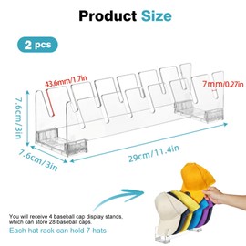 YORSTON Hat Stand for Baseball Caps,2 Pack Acrylic Hat Organizer for 14 Baseball Caps Storage Organizer,Hat Racks for Caps Display and Organizer for Bedroom, Closet, Dresser, Office(Clear)
