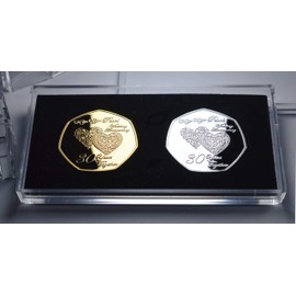 The Commemorative Coin Company Pair of 30TH PEARL WEDDING ANNIVERSARY Silver & 24ct Gold Commemoratives in Display/Presentation Stand. Gift/Present 30 Years Together