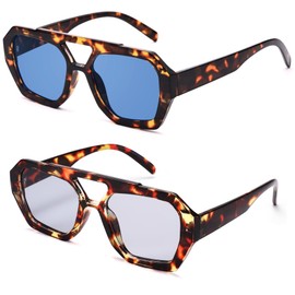 Hycredi Retro Aviator Sunglasses for Women Men, Trendy Hexagonal Thick Frame Shades Square Double Bridge Sun Glasses - Brown/Yellow + Leopard/Light Gray