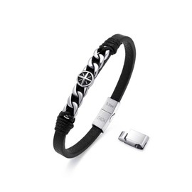 Dada Gioielli - Men's Bracelet in Steel and Genuine Leather - Anchor/Wind Rose Bracelet that combines Style and Quality, Anniversary for Him, Silver and Black