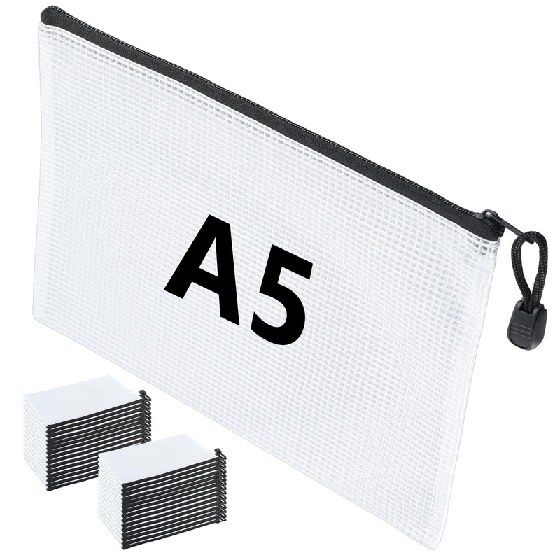 SINJEUN 30 PCS A5 Plastic Wallets, Mesh Zipper Pouch Bag