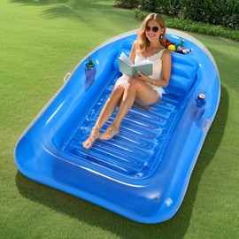 MoKo Inflatable Tanning Pool Lounge Float, Pool Floats Adult Boat with Ice Bar and Cup Holders, 78" x 49" Large Suntan Tub Raft Floaties, Tanning Pool with Pillow for Adult Summer Water Party, Blue