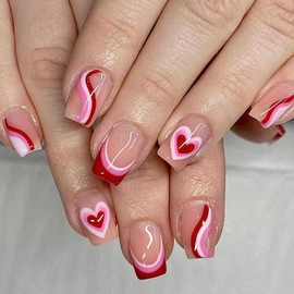 WRBAJIS Valentines Press on Nails Short Square Fake Nails Red Heart Line False Nail Full Cover Glossy Acrylic Stick on Nails for Women Girls Valentines Party Nail DIY Crafts 24PCS
