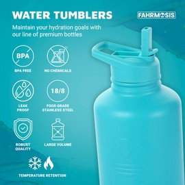 FAHRMOSIS 64 Oz Insulated Water Bottle with Strap Stainless Steel Sports Water Bottle with 3 Lids (Straw, Chug and Flip Lid) Leak Proof Metal Half Gallon Jug for Men & Women - Teal
